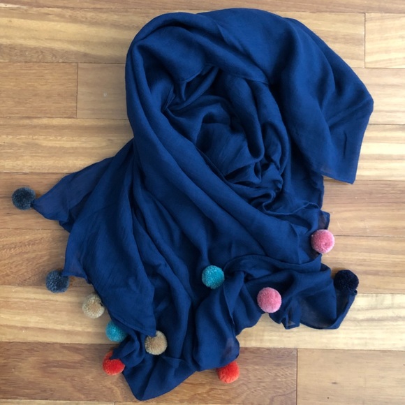 Women’s Lightweight Navy Scarf With Pom Pom Trim. - Picture 3 of 5
